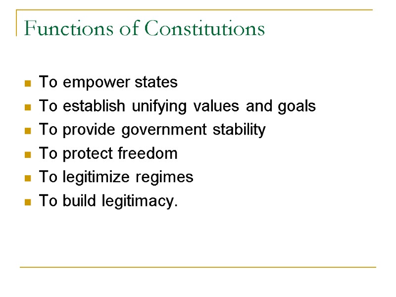 Functions of Constitutions To empower states To establish unifying values and goals To provide